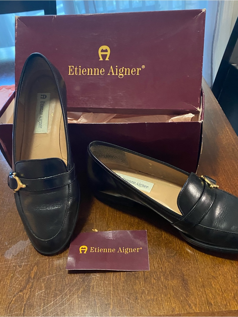 Etienne Aigner Black Leather Loafers with Gold Accent